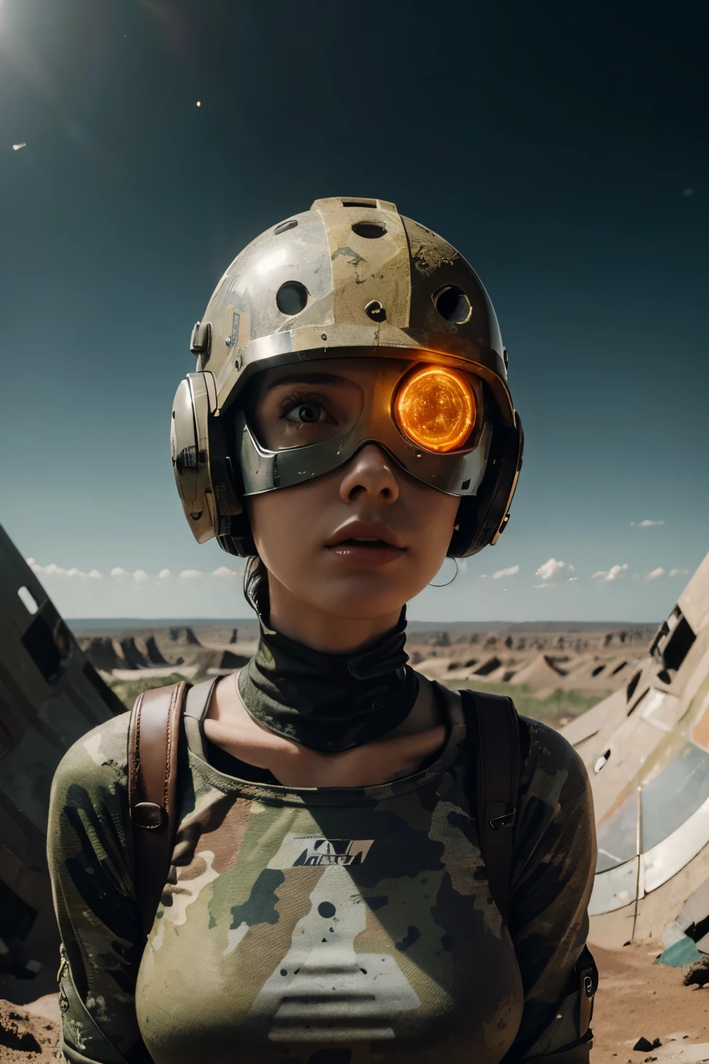 A Modern flat toon Crazy whit a Big ONE a Only Eye Robot and helmet Style, tongs in hands, Tv head, pinhead, camouflage Yellow White Red Rusty, Ambient in a meteorite crater super detailed, center, beautiful, soft lighting, focused on the character, 4K resolution, photorealistic rendering,