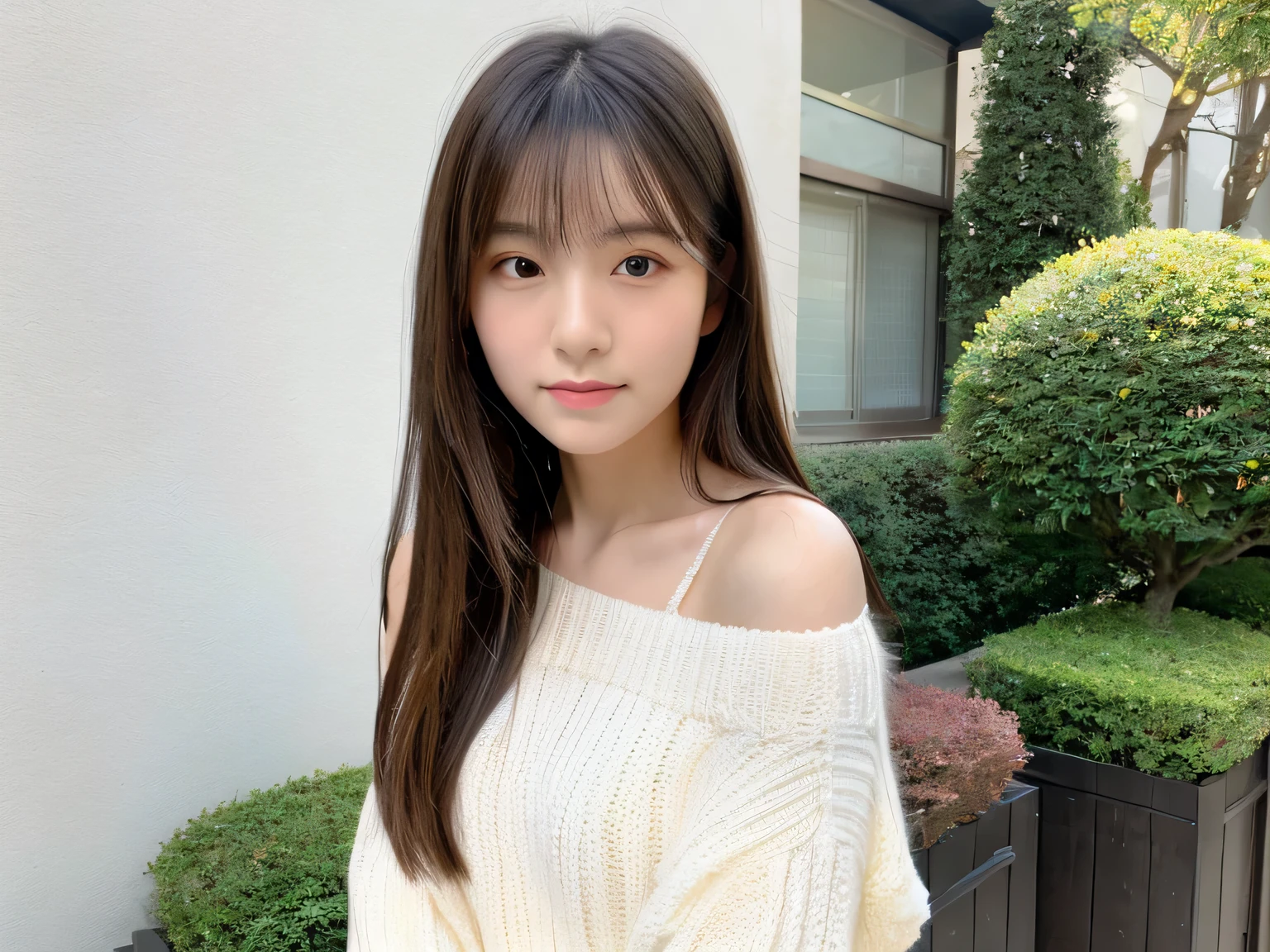 Adult face , master piece , Best Quality , Long hair , a matural female , White sweater , Japanese , 20 yo,(((Upper body))),At the train station
