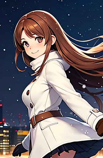 The whole body is depicted, German background, Commemorative photo, A smile, ((Winters clothes, white longcoat, mittens, gloves, skirt by the)), Stylish clothes, 1girl in, Long hair, A smileで, Brown hair, European Travel, Castles, ((masutepiece, Best Quality, hight resolution, nffsw, Perfect Pixel, depth of fields, 4K,)), 1girl in, Single, Solo, 24 years old, Beautiful anime girl, Beautiful Art Style, Anime Character, ((Long hair, Parted bangs, Brown hair)), rounded eyes, Beautiful eyelashes, Realistic eyes), (Detailed face, Blushing:1.2), (Smooth texture:0.75, Realistic texture:0.65, Photorealistic:1.2, Cinematic, Anime CG style), medium breasts, Perfect body, Night, City lights, Bokeh:1.4, (plein air, city buildings, Large crowds), ((Winters, snowfall:1.8, The wind blows)), Graceful, top-notch, elegent