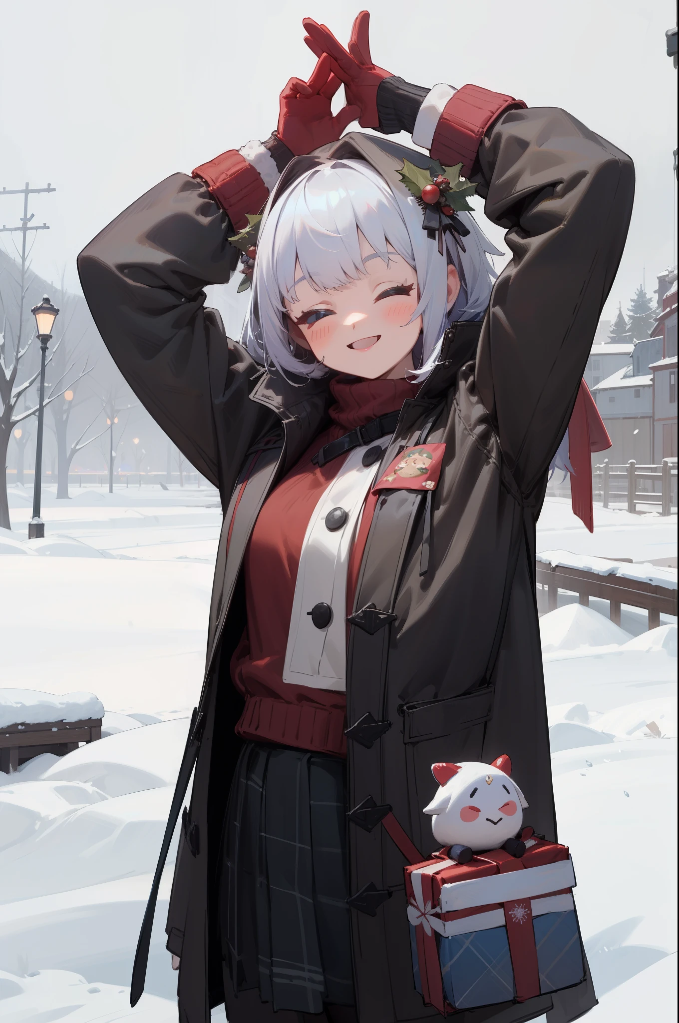 (outdoor, snow city, snow), 1girl, standing, arms up, upper body, from front, {{winter coat, Christmas Stickers, put on Christmas Stickers from coat, put on Christmas Stickers from sweater, skirt, put on stickers from bag, black tights}}, (smile), masterpiece, best quality, 8k, perfect anatomy