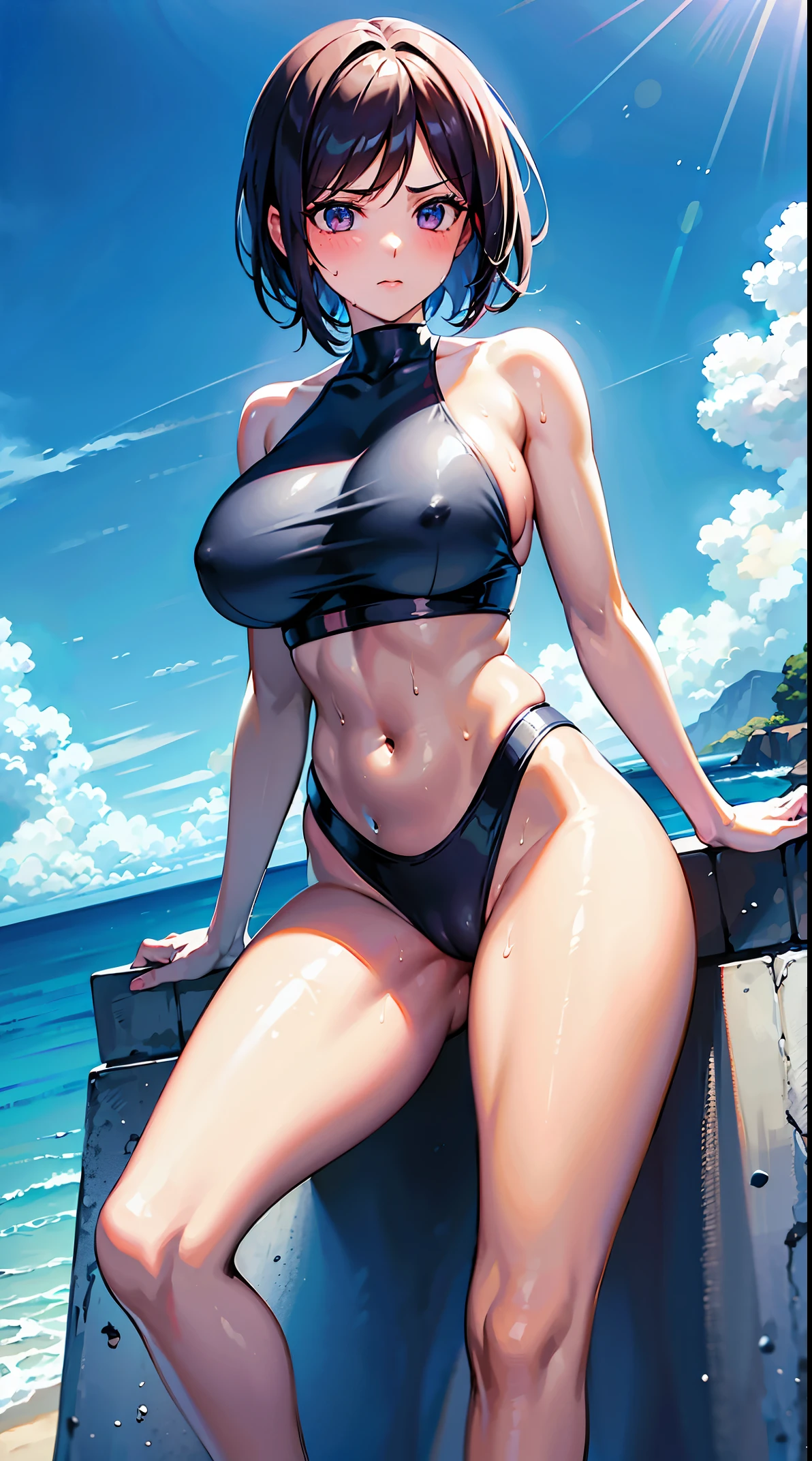(Master piece: 1.1), (High Quality), 1girl, (character named Whip), big tits, ((detailed breasts)), ((sweaty breasts)), short hair, ((royal blue swimsuit)), (kof character), frontal body sight, mountains_background