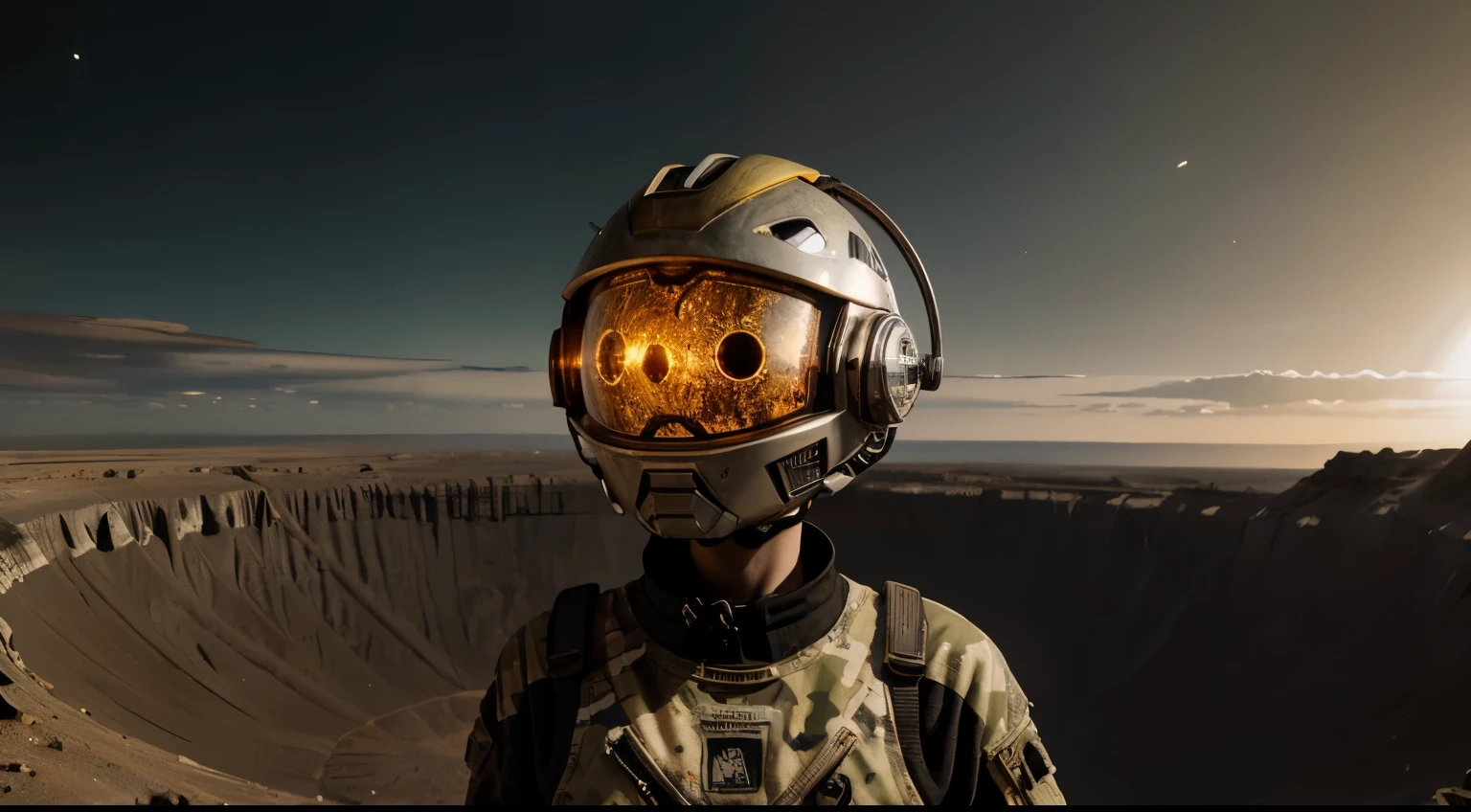 A Modern flat toon Crazy whit a Big ONE a Only Eye Robot and helmet Style, tongs in hands, Tv head, pinhead, camouflage Yellow White Red Rusty, Ambient in a meteorite crater super detailed, center, beautiful, soft lighting, focused on the character, 4K resolution, photorealistic rendering,
