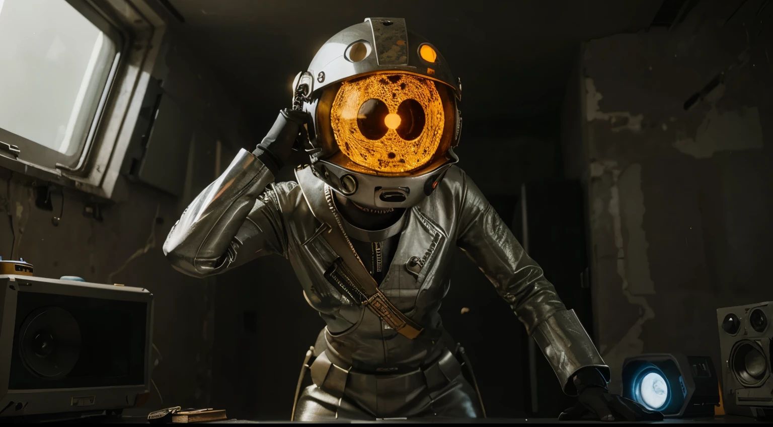 A Modern flat toon Crazy whit a Big ONE a Only Eye Robot and helmet Style, tongs in hands, Tv head, pinhead, camouflage Yellow White Red Rusty, Ambient in a meteorite crater super detailed, center, beautiful, soft lighting, focused on the character, 4K resolution, photorealistic rendering,
