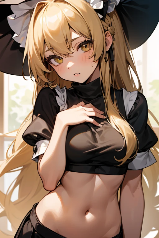 1girl, solo, (kirasame marisa:1.3), masterpiece, best quality, black top, crop top, ((stomach)), midriff, ((groin)), black skirt, normal ears, shackles, blonde hair, very long hair, wavy hair, sidelocks, yellow eyes, parted lips, single horn, sweat, cute, toned belly, hand on own chest, eyelashes, (25 year old woman:1.3), (masterpiece:1.4), (best quality:1.4), (beautiful detailed eyes), extremely detailed CG, extremely delicate and beautiful, depth of field, (finely detailed face), (perfect details:1.0), (mature female:1.3), wide pelvis, slender, large veiny breast, 8k resolution, high quality, high definition, extremely detailed, masterpiece, best quality, blonde hair, long hair, alluring presence, braid, short skirt, close up, big tits,