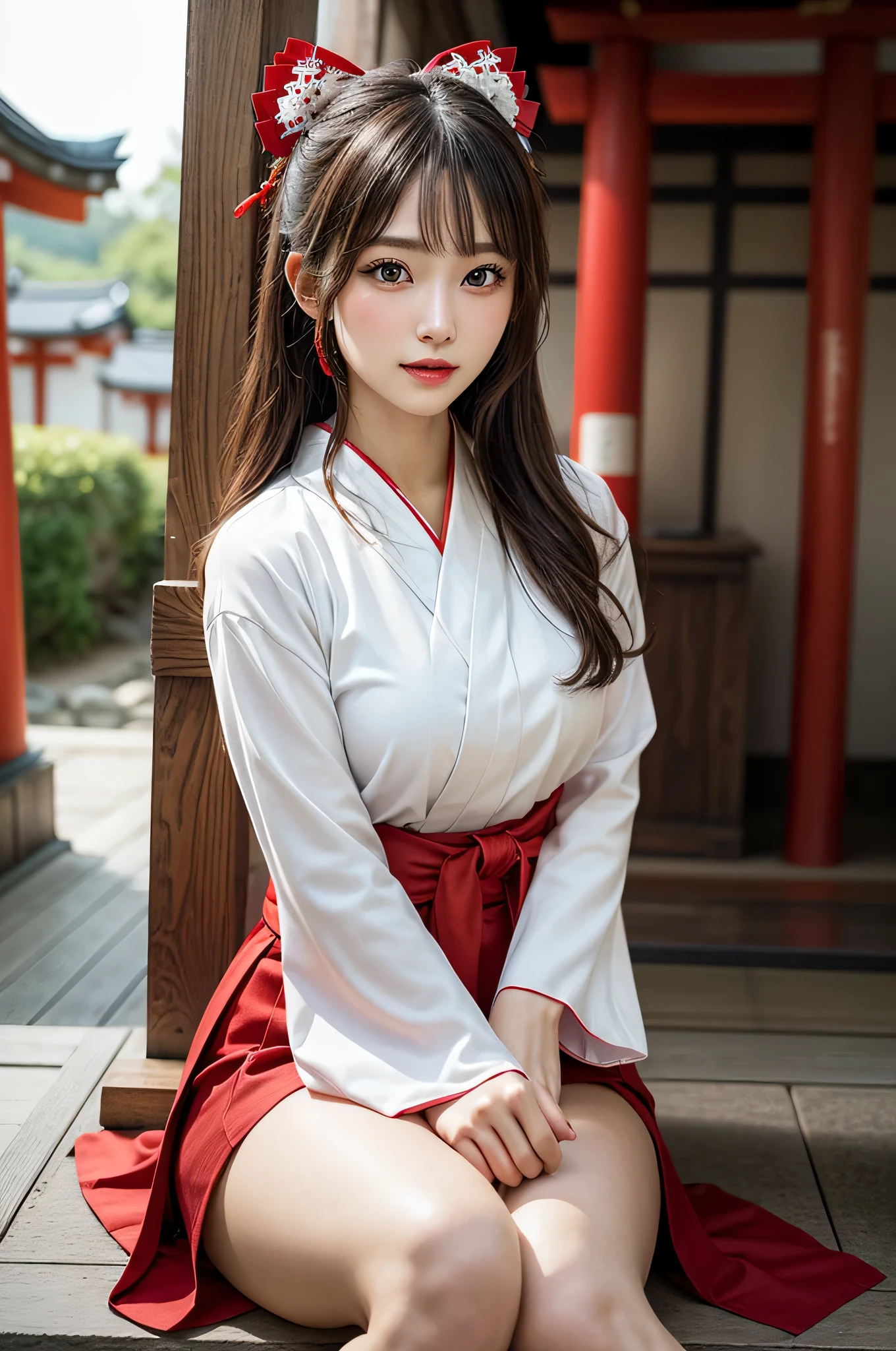 1girl in, Chignon, Hair ornaments, Water leads, (shrines maiden), (Japanese style shrines maiden costume, White haori, Red Hakama:1.4), Extremely cute, Amazing face and eyes, (extremely detailed beautiful face), (Ultra Realistic), (Highly detailed eyes, Highly detailed hair, Highly detailed face, Highly detailed plump lips), Upper body, Search Smile, (Best Quality:1.4), Raw photo, (Realistic, photo-Realistic:1.37), Professional Photography, Cinematic Light, (Sitting, Legs wide open), divine, shrines, Red torii gate,
