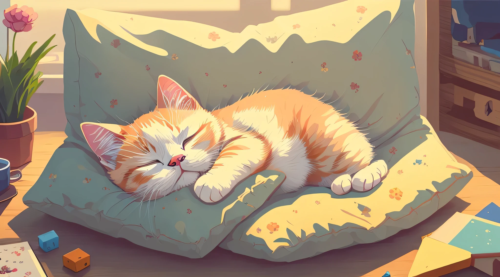 (masterpiece, best illustration, no humans), 1 fat cute cat sleeping, comfy, highly detailed, 4k, 8k, pixel,pixel art,