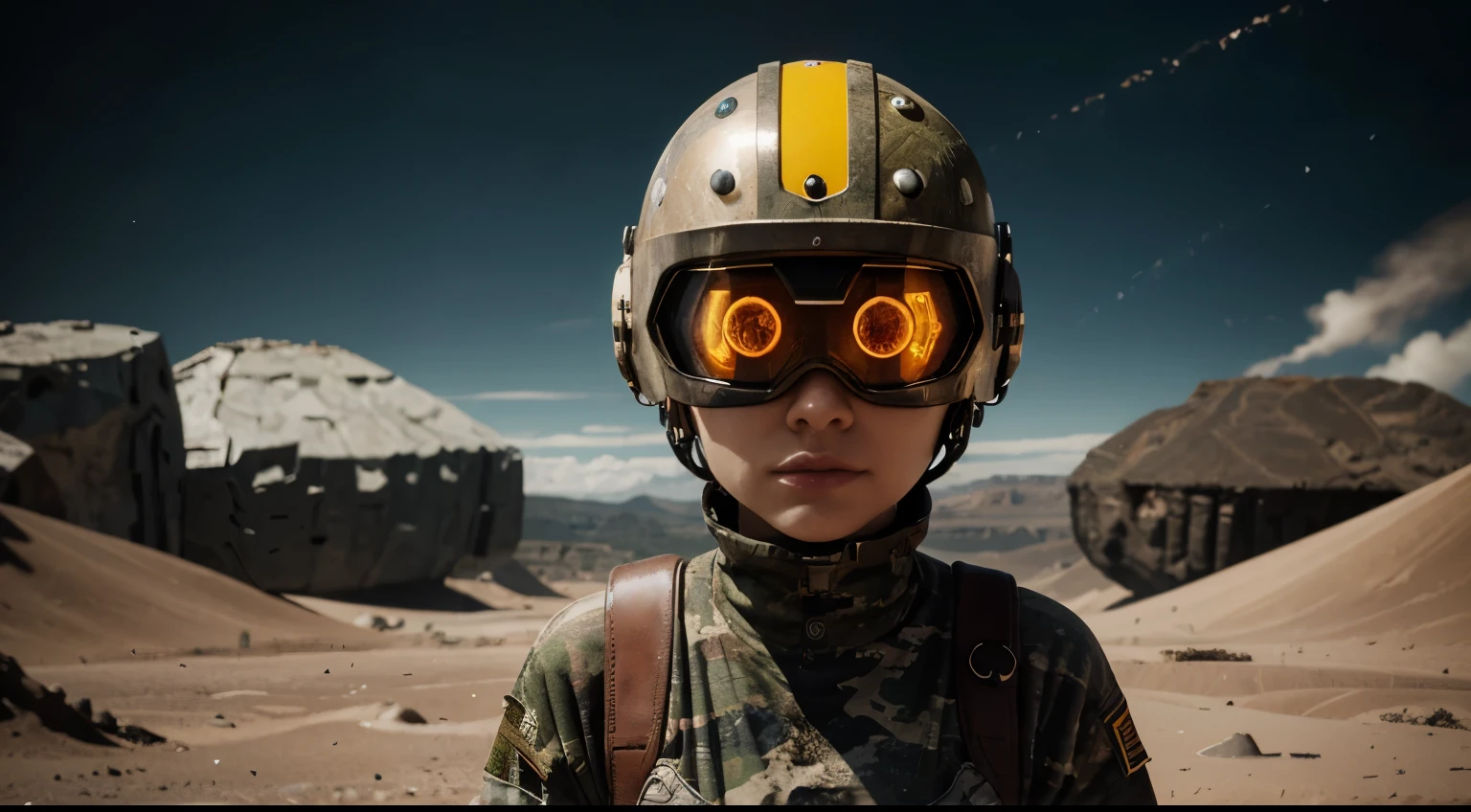 A Modern flat toon Crazy whit a Big ONE a Only Eye Robot and helmet Style, tongs in hands, Tv head, pinhead, camouflage Yellow White Red Rusty, Ambient in a meteorite crater super detailed, center, beautiful, soft lighting, focused on the character, 4K resolution, photorealistic rendering,