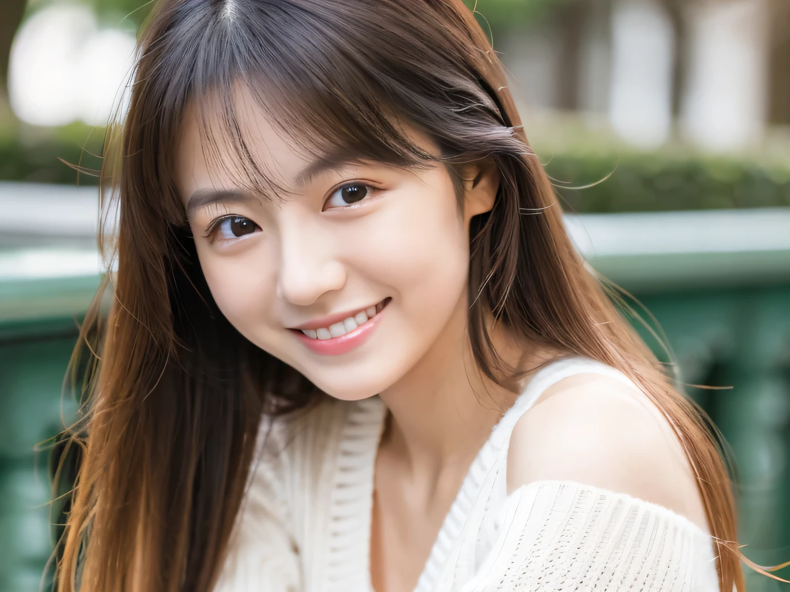 Adult face , master piece , Best Quality , Long hair , a matural female , White sweater , Japanese , 20 yo,(((Upper body))) , Smile