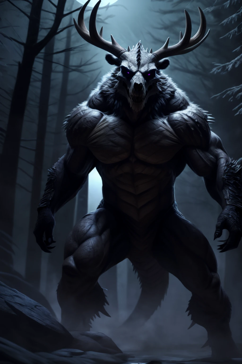 monster, furry body, scales on abs, majestic fur mantle, sharp dragon teeth, wendigo skull, elk horns, giant, bear body, threatening, stands menacingly, full body, raptor like legs, proporcional muscular arms, big reptile tail muscular, illustration, (best quality, 4k, highres, masterpiece:1.2), ultra-detailed, realistic, horror, sharp focus, vivid colors, nighttime lighting, dark forest background