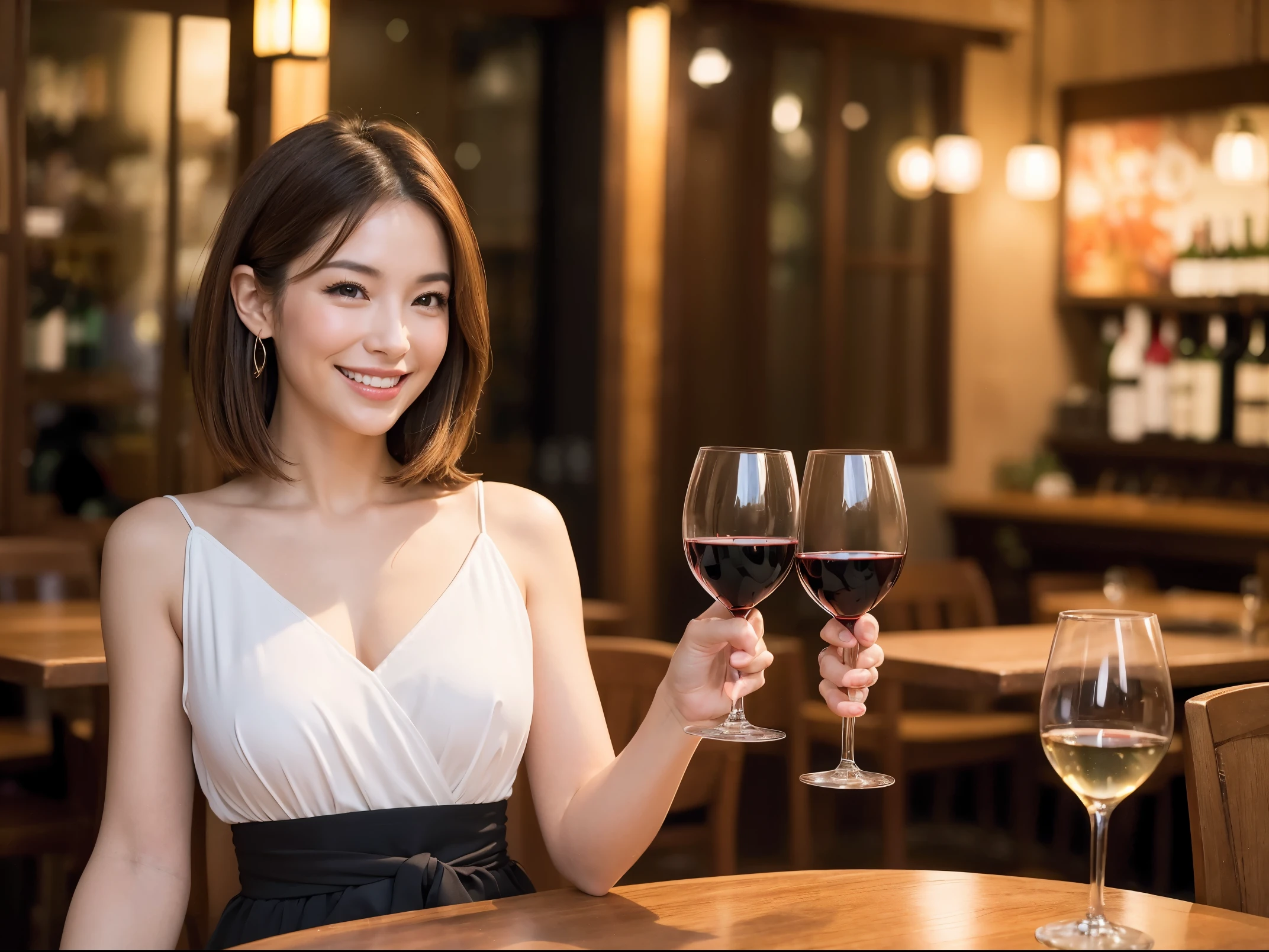 (64k uhd, nffsw, of the highest quality, masutepiece: 1.2), (Realistic, Photorealistic: 1.37), Pretty Woman 1, (Slim Face), (slimボティ), (Brown hair), (short-cut), Italian、Spaniard、Dutchman、Americana、Frenchman、cheeks blush a little, (40 years old), 38 years, Solo, A beautiful and detailed night view spreads out outside the window........, restaurant, wine glassesに座って, At night, In a prominent place (from waist up) NovaFrogStyle, actress, Model, waist-up, white wine, slim, wine glasses, Super clean night view, 真ん中に置かれたwine glasses, Happy smile, (Smile: 1.15), Beautiful fine eyes, Upper body, Bust Japan Up, Night, Short, Short, actress, Model, waist-up, white wine, slim, wine glasses, Super clean night view, 真ん中に置かれたwine glasses, Happy smile,