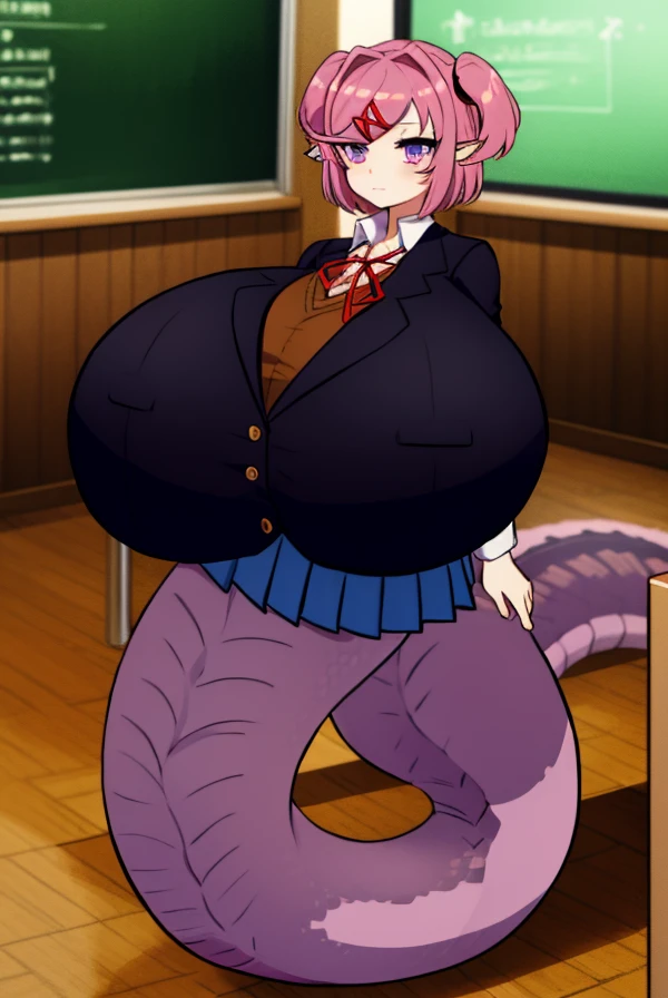 ddlcnatsuki, ddlcnatsuki, fang, hair ornament, pink hair, (purple eyes:1.1), short hair, short sidetail, swept bangs, x hair ornament,
BREAK blazer, blue skirt, brown jacket, collared shirt, jacket, long sleeves, miniskirt, neck ribbon, pleated skirt, red ribbon, ribbon, school uniform, shirt, skirt, swept bangs, vest, white shirt, wing collar, x hair ornament,
BREAK looking at viewer,
BREAK indoors, classroom,
BREAK (masterpiece:1.2), best quality, high resolution, unity 8k wallpaper, (illustration:0.8), (beautiful detailed eyes:1.6), extremely detailed face, perfect lighting, extremely detailed CG, (perfect hands, perfect anatomy), (large breasts:1.6), (lamia:1.6)
