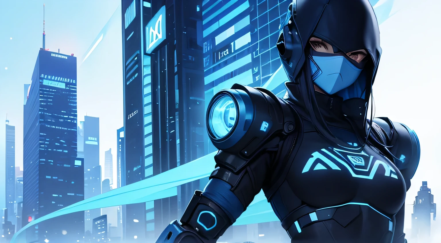 winter blue, December morning, Depression, Alone, Robot Cyberpunk Ninja Women T-Shirt Art Vector Colorful Doodle Illustration Ready to Print, futuristic cyberpunk city background, Realistic image styles, Image isolated on white background, Centered