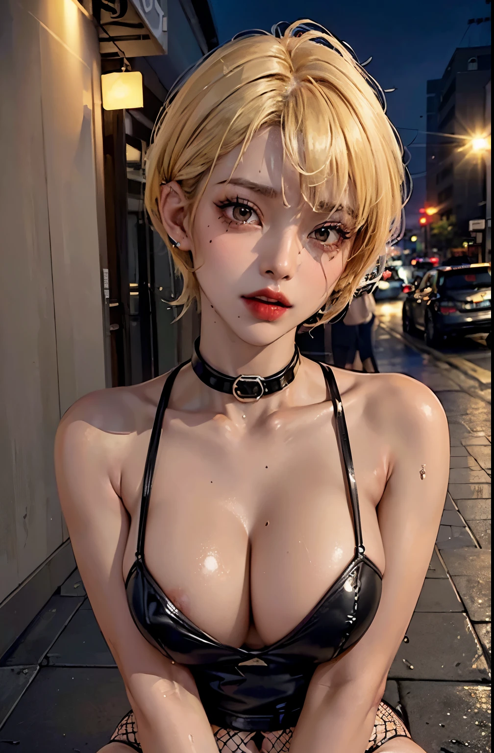Best Quality, (masutepiece:1.2), Highly detailed,  1girl in, Solo, Looking at the viewer, (Upper body:1.2), Erotif the highest quality, Incredibly beautiful, very delicate 8k wallpaper, Transcendently Beautiful Girl, Masterpiece face, (Eyes of a masterpiece:1.5), (pixie cut hair:1.3), (Inner color cream yellow hair, Short shaving surface, very short back, Very short side, Undercut, sidecut:1.3), (long eyelashes, Red lips), (deep skin, Dark skin:1.5), pink lipsticks, eyeshadows, Bare_Legs, Choker, Piercing, (Wearing fishnet stockings:1.2), (Mini hot dress with enamel material:1.1), half , Flat_Chest, Huge_breastslower back, (Five Fingers, 4fingers and 1thumb),(((Wet))), (((Sweat))), ((Pitch-dark neon street))、agitation、whore