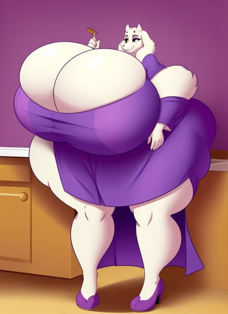 toriel, furry female anthro, goat girl, standing, (dress, purple dress:1.2), shirt design, portrait, solo, holding pie, steaming pie, (body fur:1.2), (best quality), (castle kitchen background:1.2), dramatic lighting, (detailed fluffy fur:1.1), looking at viewer, (large breasts:1.6), (large hips:1.6)