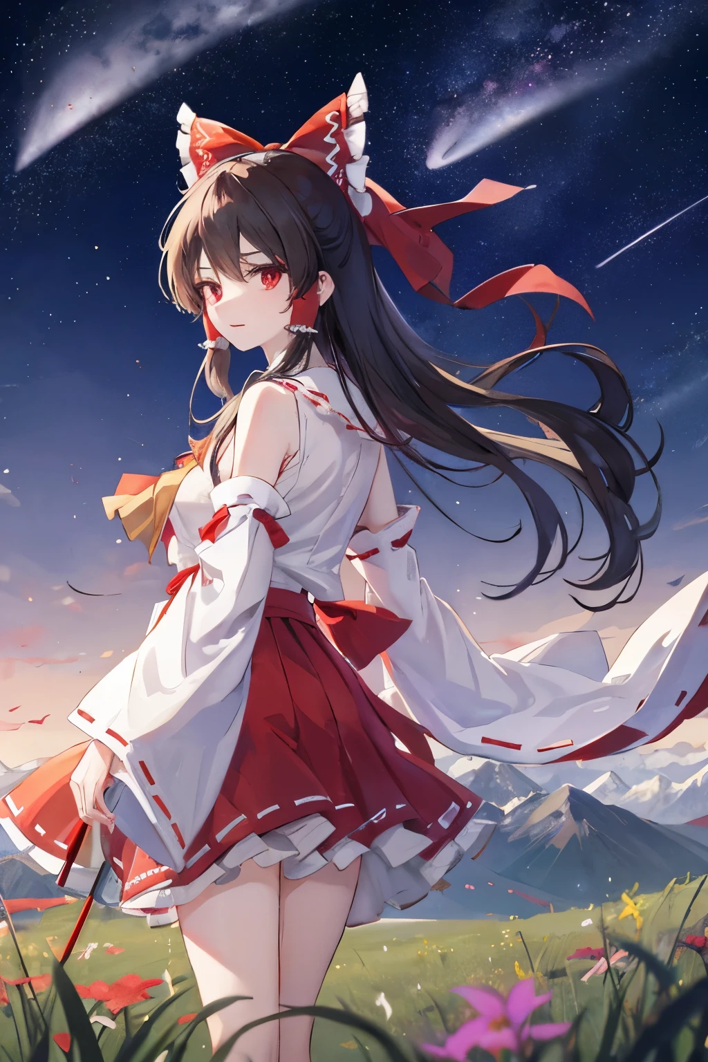 Hakurei Reimu,Touhou project, stars, milky way, sky, very windy, grass, mountain, flowers, upper body, hands back