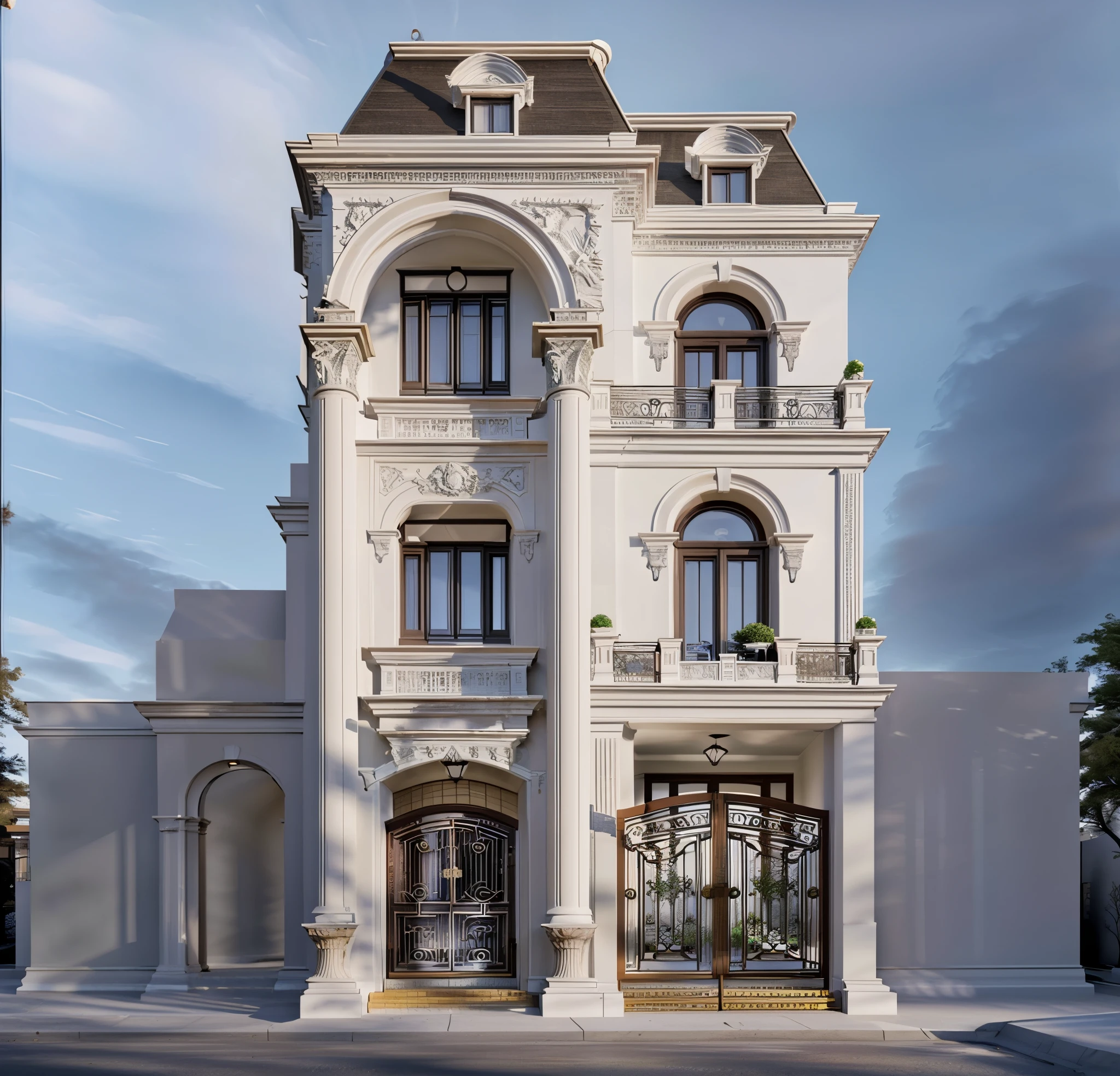 Architectural masterpiece, best quality, 16k image, classic architecture, white painted walls, car parked in front yard, arched door, artistic iron railing, arched door, wall lamp, best quality, detail most detailed, 3d max rendering