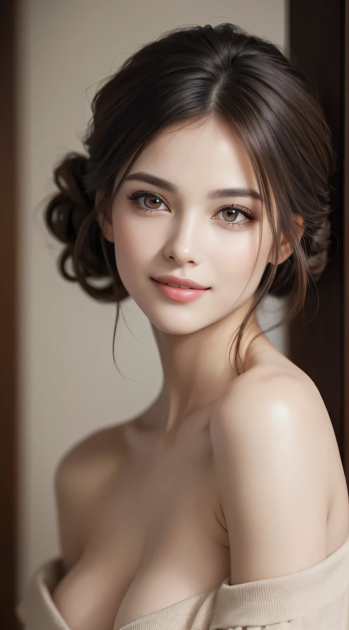 1womanl, up do hairstyle, (Ultra Realistic, hight resolution), (Highly detailed eyes, Highly detailed hair, Highly detailed face, Highly detailed plump lips), (off shoulder with open breasts), breasts, Upper body, Search Smile, (Best Quality:1.4), Raw photo, (Realistic, photo-Realistic:1.37), Professional Photography, Cinematic Light, (Fine face: 1.2),