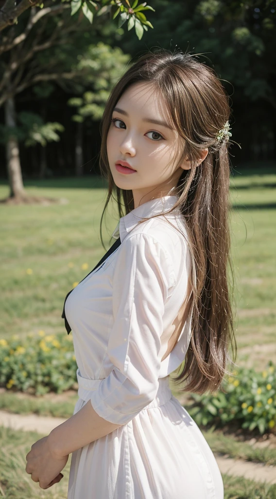 (Masterpiece:1.2), (Best Quality:1.2), perfect  eyes, perfect faces, perfect light, 1Girl, Mature female in the field, medium blonde hair, Curly hair, detailed outfit, detailed outdoor background, makeups, eyeshadows, thick eyelashes, Fantasy, Looking at the viewer, springtime,tie your hair back,