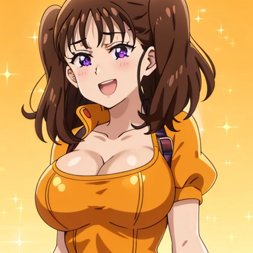 1girl, solo, purple eyes, brown hair, seven deadly sins, diane, breasts, cleavage, blush, open mouth, sparkle, orange leotard, smile, looking at viewer, short hair, large breasts, upper body, leotard, twintails, collarbone, :d, orange background, sparkle background, puffy sleeves, long hair, medium breasts,