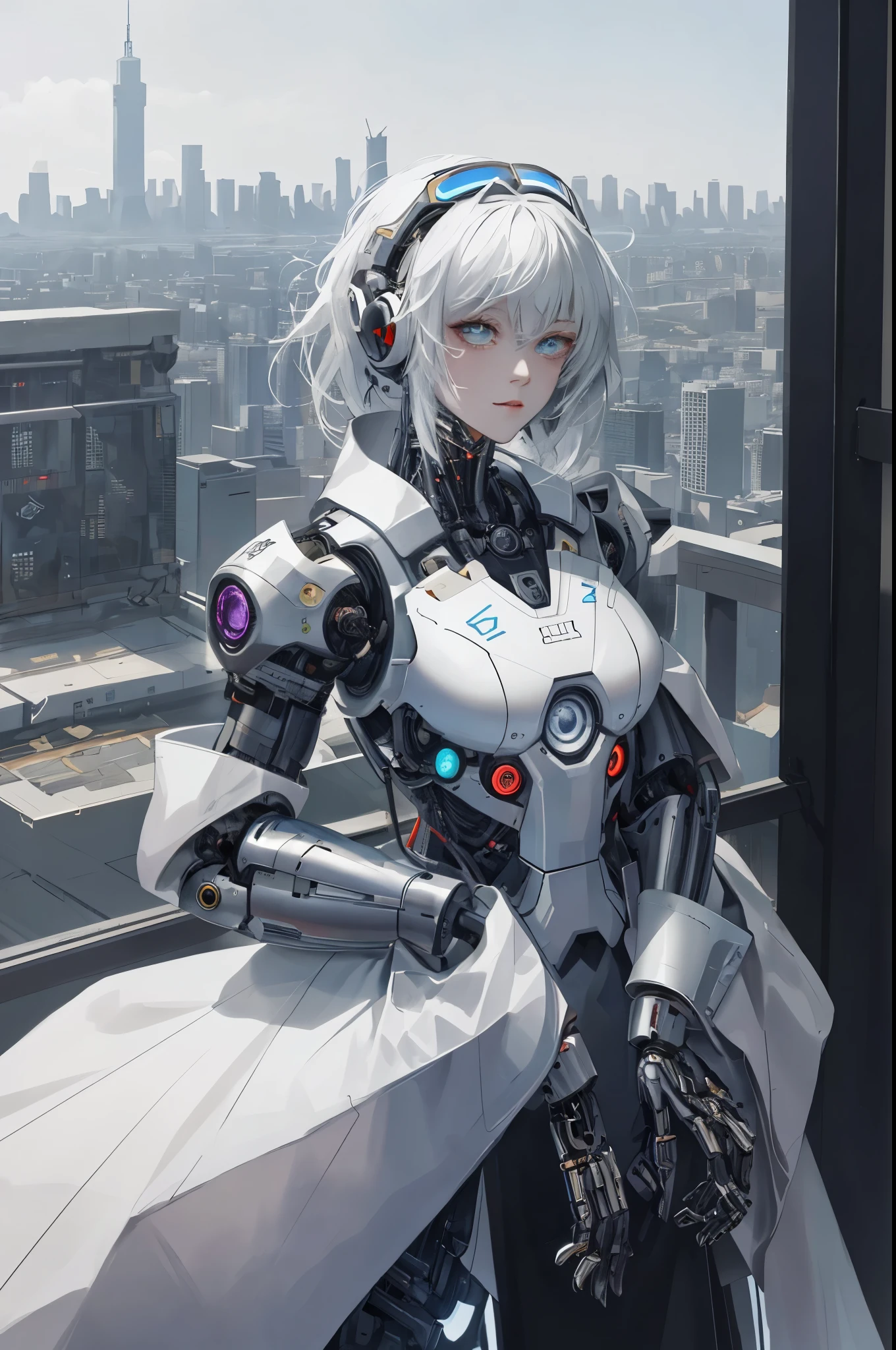 futobot， Cyborg person々， tmasterpiece， best qualtiy， ultra - detailed， illustratio， full-shot， sportrait， 1girll， shift dresses， K-pop idol， （Urban skyscrapers ：1.6），standing on your feet，holding a long knife