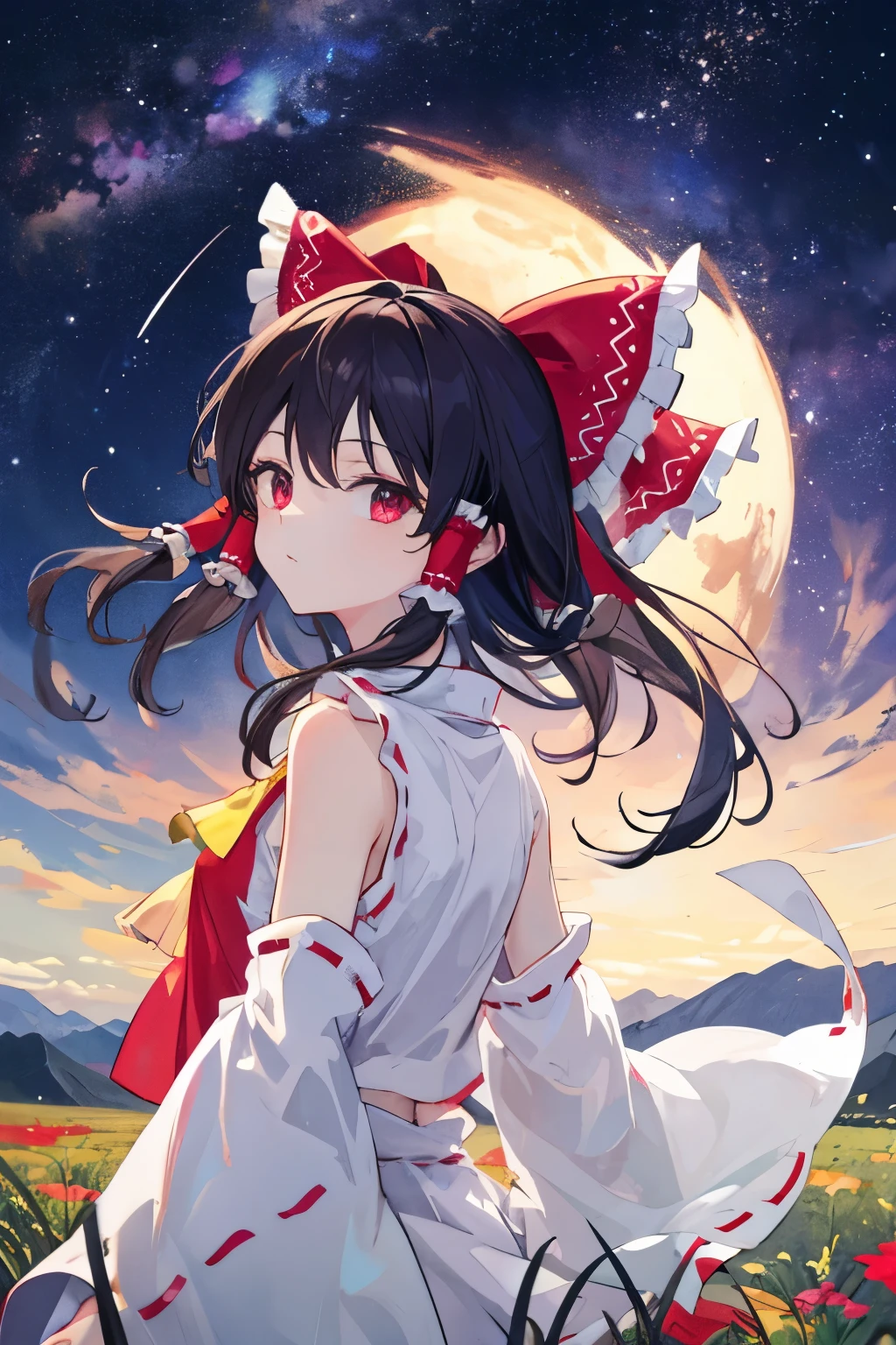 Hakurei Reimu,Touhou project, stars, milky way, sky, very windy, grass, mountain, flowers, upper body, hands back