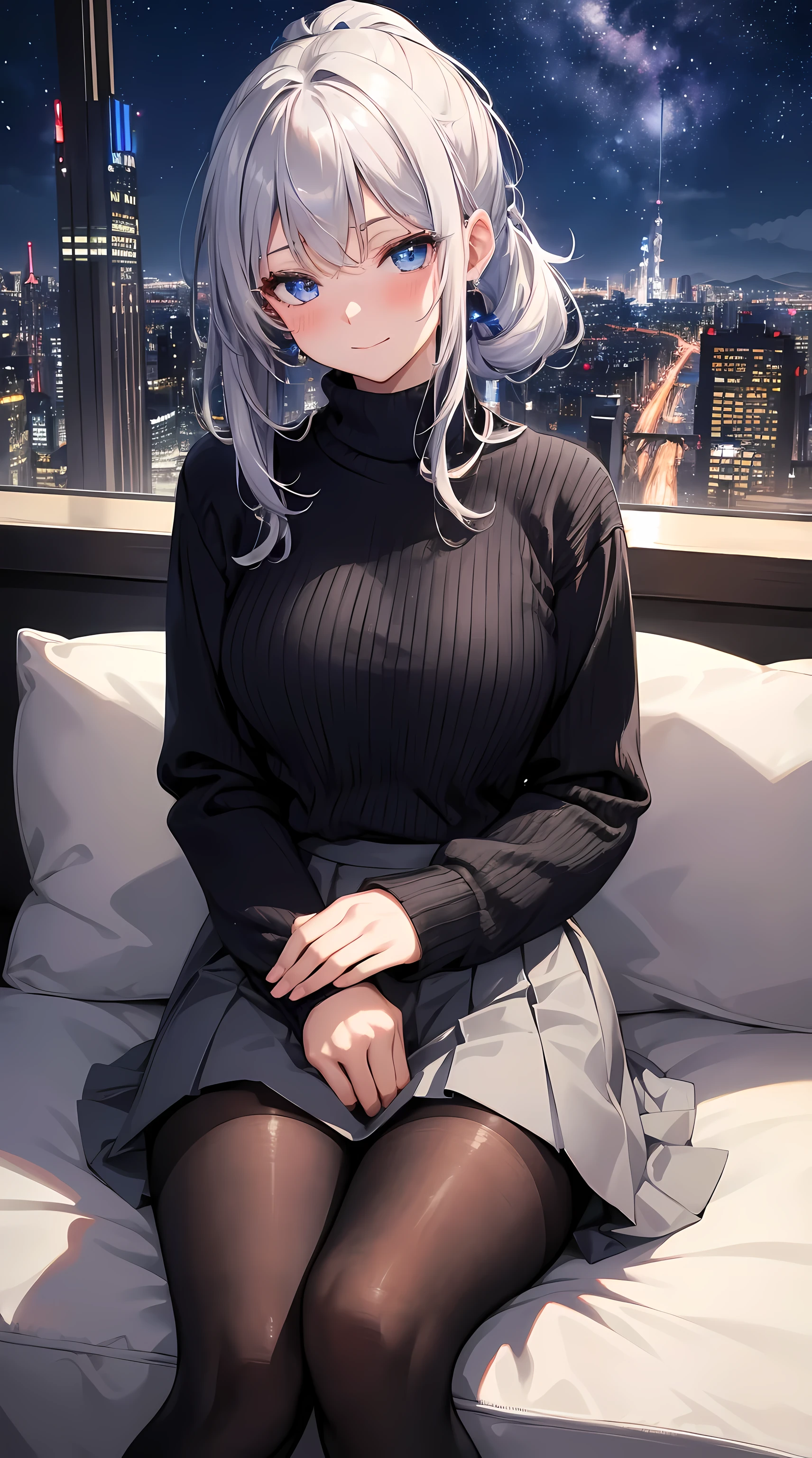 tmasterpiece, 4K,retinas, unbelievable_absurd res, Original, the night, As estrelas, milky ways, beautiful detailed sky, view over city, mature woman, silber hair, pony tails, light blush, dark strong blue eye, whitesweater, gray pleats_a skirt, black pantyhoses, arms behind the body, looking at viewert, sitting in the couch, Lewd smile,