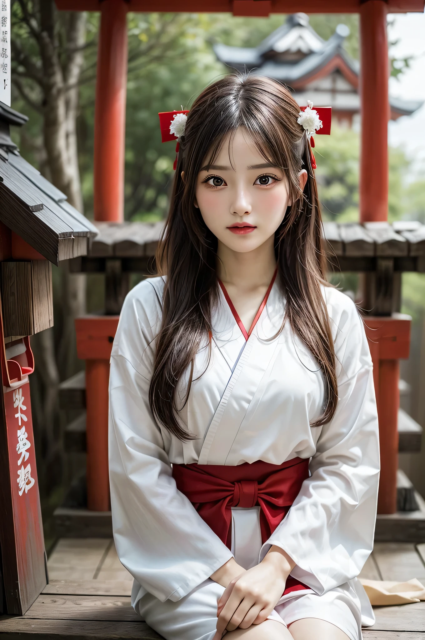 1girl in, Chignon, Hair ornaments, Water leads, (shrines maiden), (Japanese style shrines maiden costume, White haori, Red Hakama:1.4), Extremely cute, Amazing face and eyes, (extremely detailed beautiful face), (Ultra Realistic), (Highly detailed eyes, Highly detailed hair, Highly detailed face, Highly detailed plump lips), Upper body, Search Smile, (Best Quality:1.4), Raw photo, (Realistic, photo-Realistic:1.37), Professional Photography, Cinematic Light, (Sitting, Legs wide open), divine, shrines, Red torii gate,