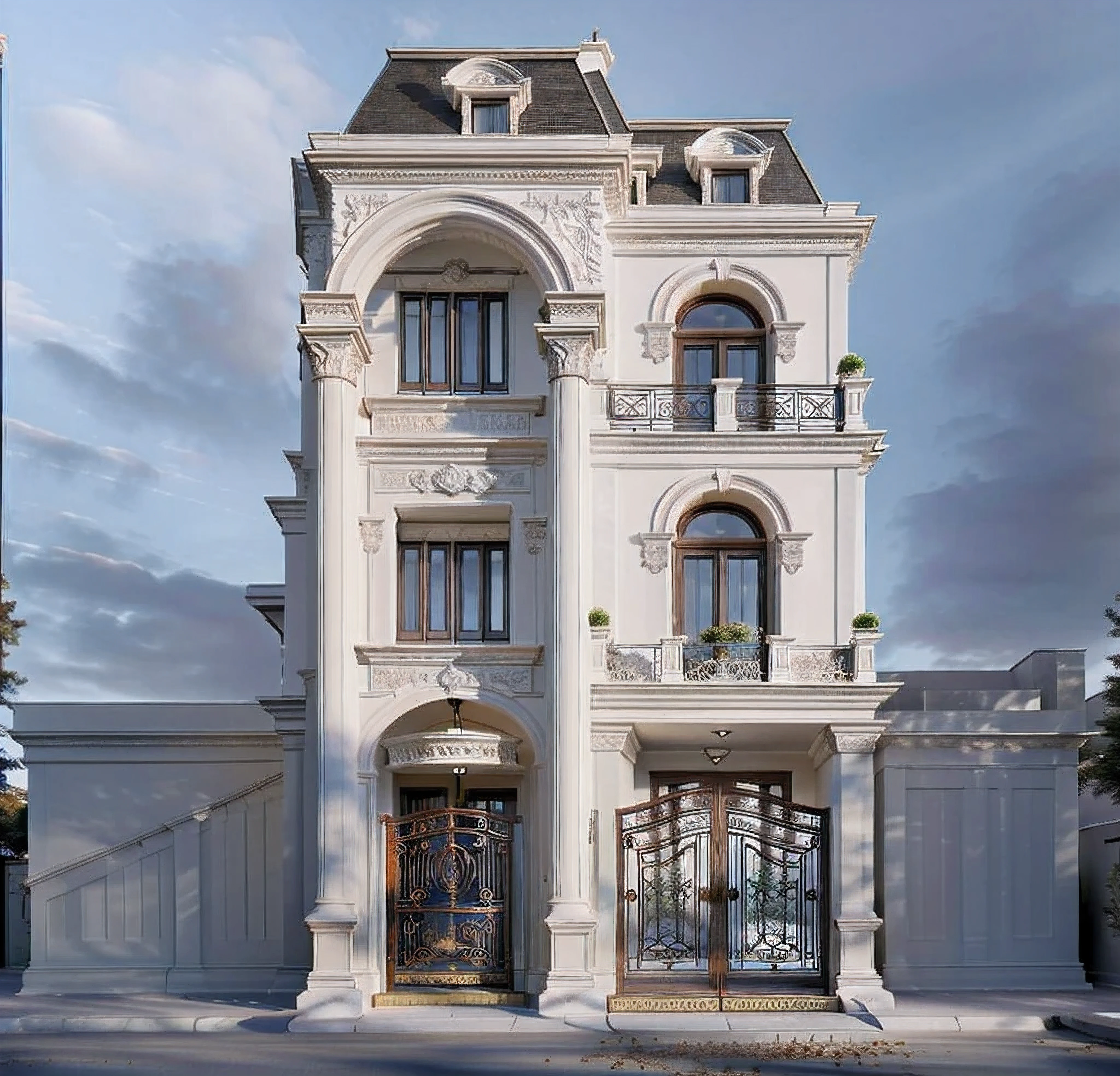 Architectural masterpiece, best quality, 16k image, classic architecture, white painted walls, car parked in front yard, arched door, artistic iron railing, arched door, wall lamp, best quality, detail most detailed, 3d max rendering