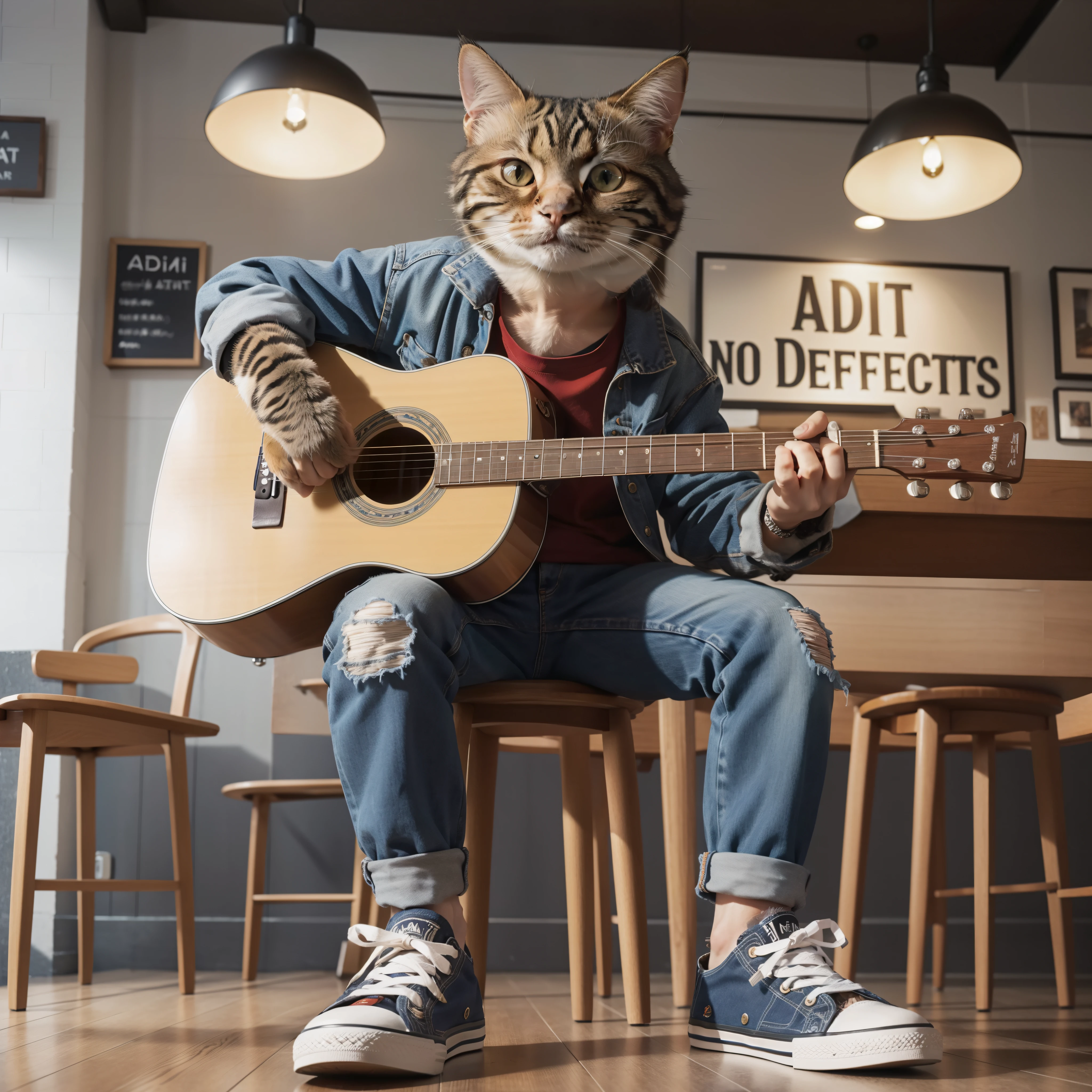 a male cat in casual clothes wearing casual shoes is playing the guitar in a cafe. In the background a nameplate reads "ADIT" (((NO DEFECTS))). 8k, realistic