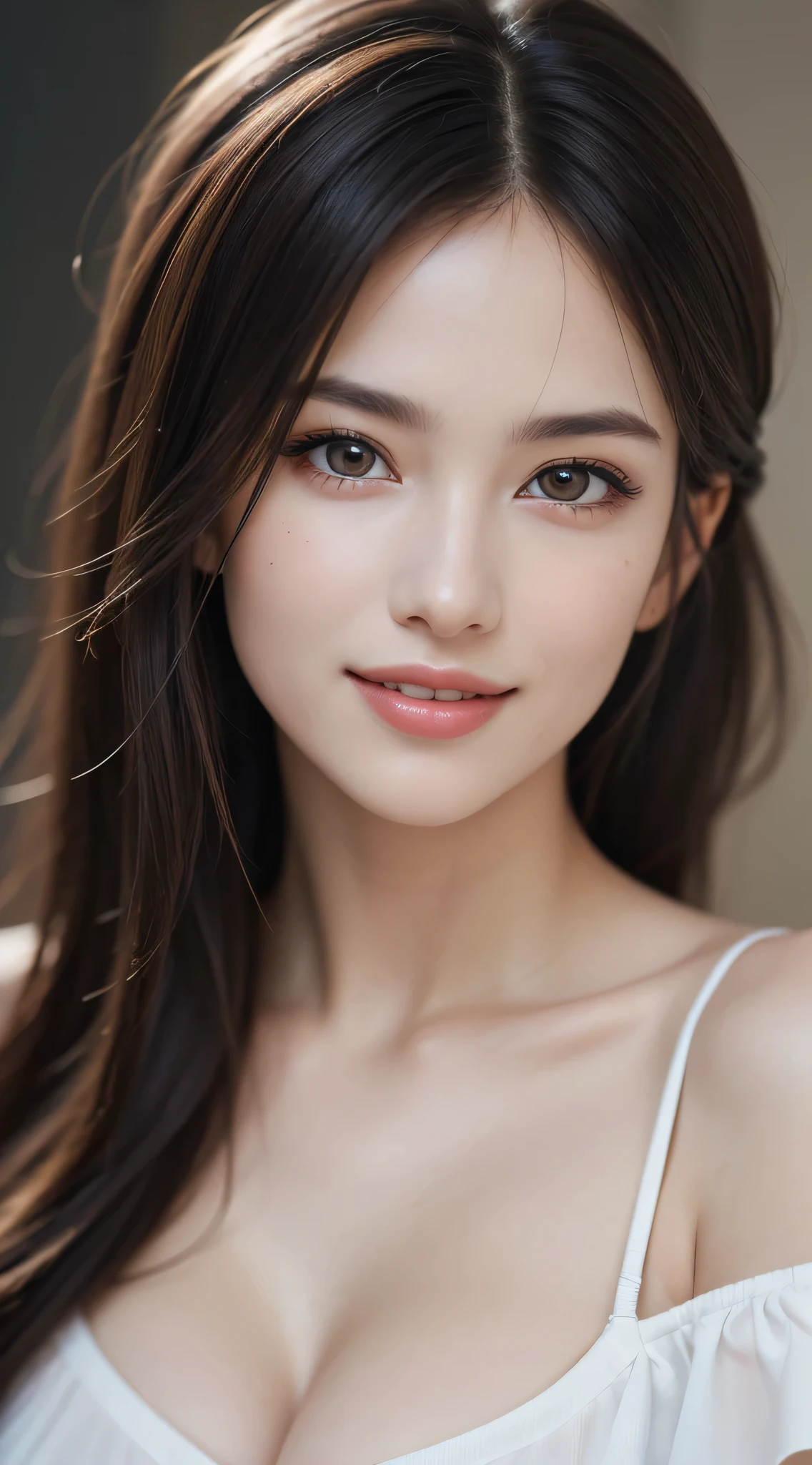 1womanl, up do hairstyle, (Ultra Realistic, hight resolution), (Highly detailed eyes, Highly detailed hair, Highly detailed face, Highly detailed plump lips), (off shoulder with open breasts), breasts, Upper body, Search Smile, (Best Quality:1.4), Raw photo, (Realistic, photo-Realistic:1.37), Professional Photography, Cinematic Light, (Fine face: 1.2),