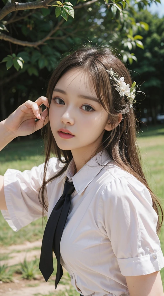 (Masterpiece:1.2), (Best Quality:1.2), perfect eyes, perfect faces, perfect light, 1Girl, Mature female in the field, medium blonde hair, Curly hair, detailed outfit, detailed outdoor background, makeups, eyeshadows, thick eyelashes, Fantasy, Looking at the viewer, springtime,tie your hair back,