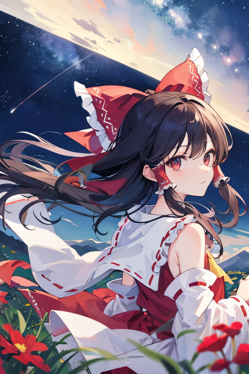 Hakurei Reimu,Touhou project, stars, milky way, sky, very windy, grass, mountain, flowers, upper body, hands back