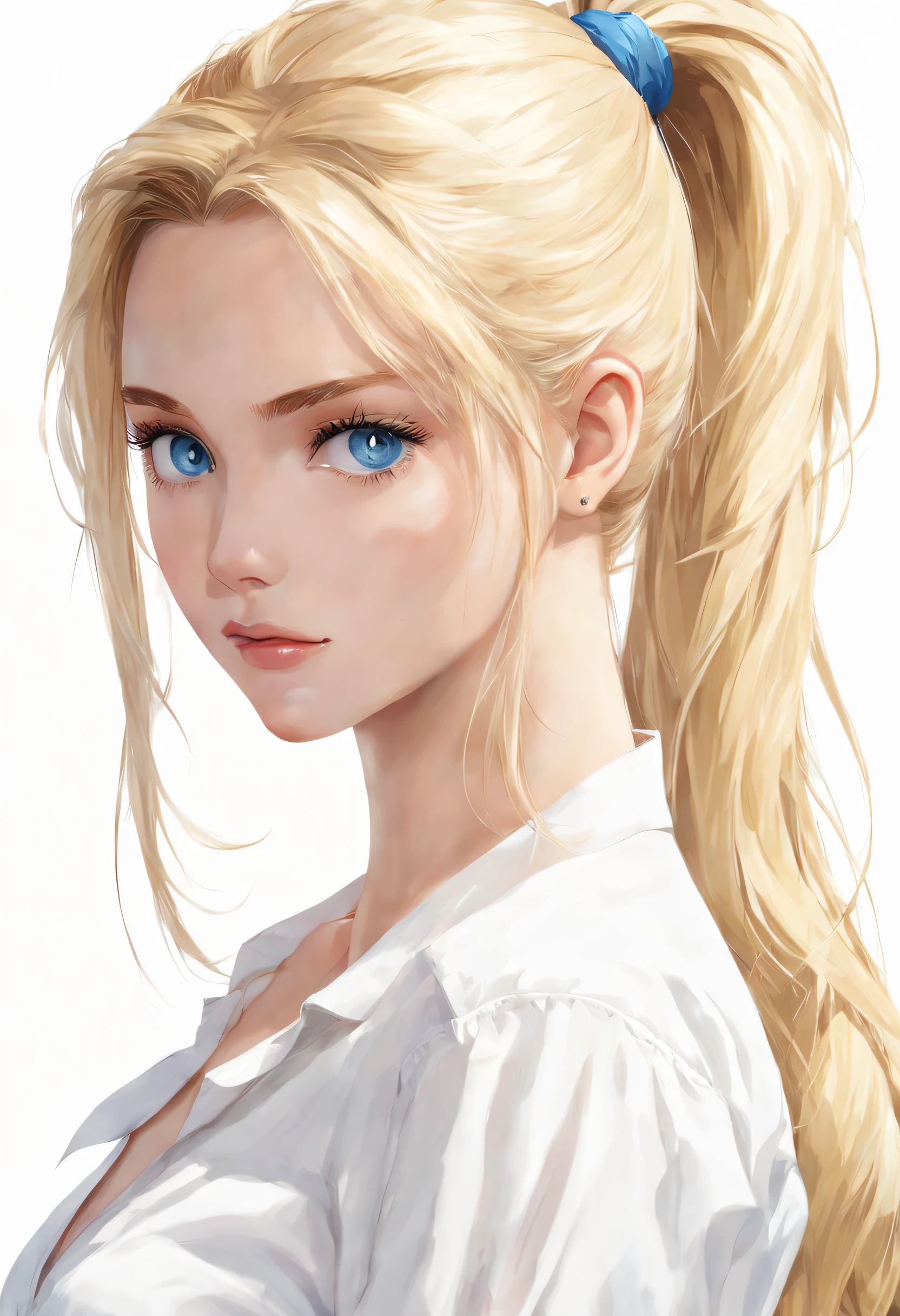 POV, ((masutepiece, Best Quality)), Upper body, 1girl in, Solo, (White background:1.3), ( Background:1.3), Ponytail & hair,a blond, Blue Eye, White blouse, Looking at Viewer,