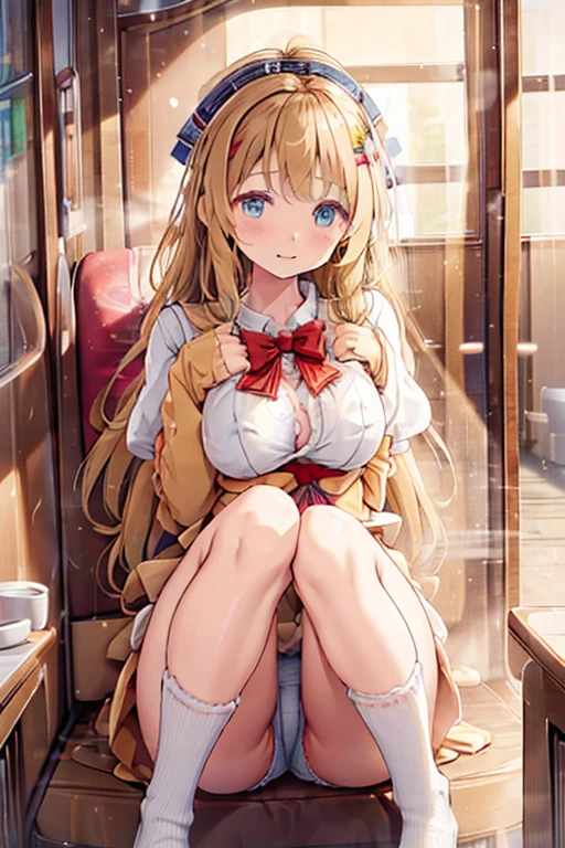 A 12 year old girl with cute wavy blonde hair and a big bow is sitting completely naked on her hands and knees, showing her ass, anus, pussy and nipples.。I don't wear any underwear。SEX。NFSW。