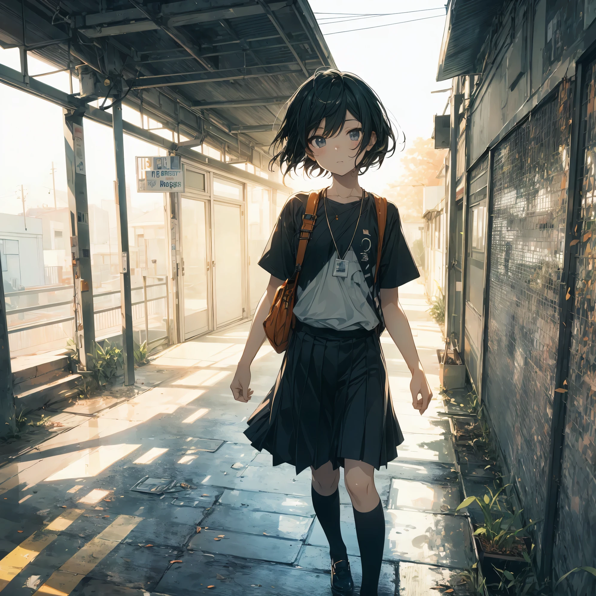 Super high quality by the art god, Ultra-detailed, High resolution, ilya kuvshinov style, anime moe art style, best anime 8K konachan wallpaper, Pixiv Contest Winner, Perfect Anatomy, BREAK,(Please draw a sleepy girl going to school alone.. ),BREAK,a hyperrealistic schoolgirl, (Solo,Lori,child,13years:1.3),Full limbs, complete fingers,a junior high school student, Androgynous attraction, (Very short hair), hair messy, flat chest, Small butt, groin, Small eyes,Beautiful detailed black eyes, Well-proportioned iris and pupils, disgusted eye, High resolution detailed hair, School uniform, Skirt, On the way to school. BREAK,Ultra-detailed細なスキン, Best lighting by famous artists, 8K,Cute illustration,