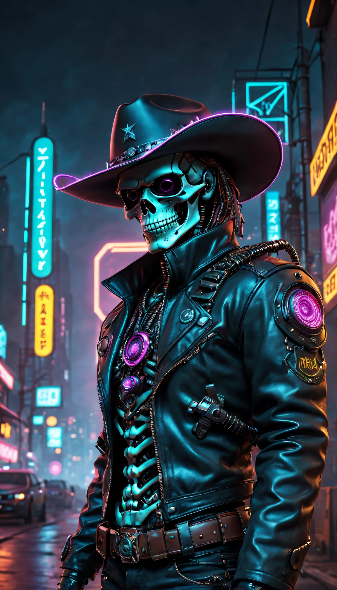 Cyberpunk style:(Skeleton Sheriff riding a motorcycle),metallic feel,Wearing a cowboy hat+Cockade+Neon brim,Wearing a leather jacket,retro futuristic style,Glowing eyes,High-tech weapons hanging on the belt,Wire and Cable,Night view,Bright colors,Electric Spark,Dystopian Cityscape,Network Enhancement,Mixed reality。(Best quality,4K,8K,high resolution,masterpiece:1.2),Extremely detailed,(Practical,photoPractical,photo-Practical:1.37),