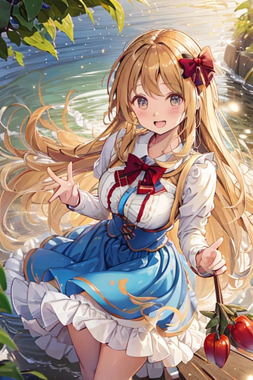 A -yeld giwith cute, wavy blonde hair and a big bow, like Alice in Wonderland, is standing wearing an apron dress, which is a Christmas costume, and is holding her skirt with both hands and spreading it out to greet her.。White pants are visible。An angle that looks like you're looking down from below.。SEX。NFSW。