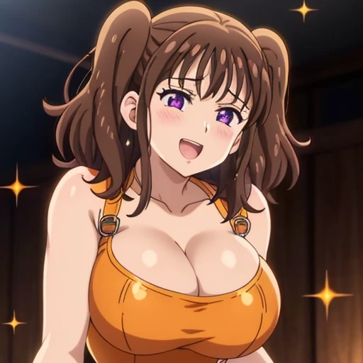 1girl, solo, purple eyes, brown hair, seven deadly sins, diane, , cleavage, blush, open mouth, sparkle, orange leotard, smile, looking at viewer, short hair, , upper body, leotard, twintails, collarbone, :d, orange background, sparkle background, puffy sleeves, long hair, massive , big 