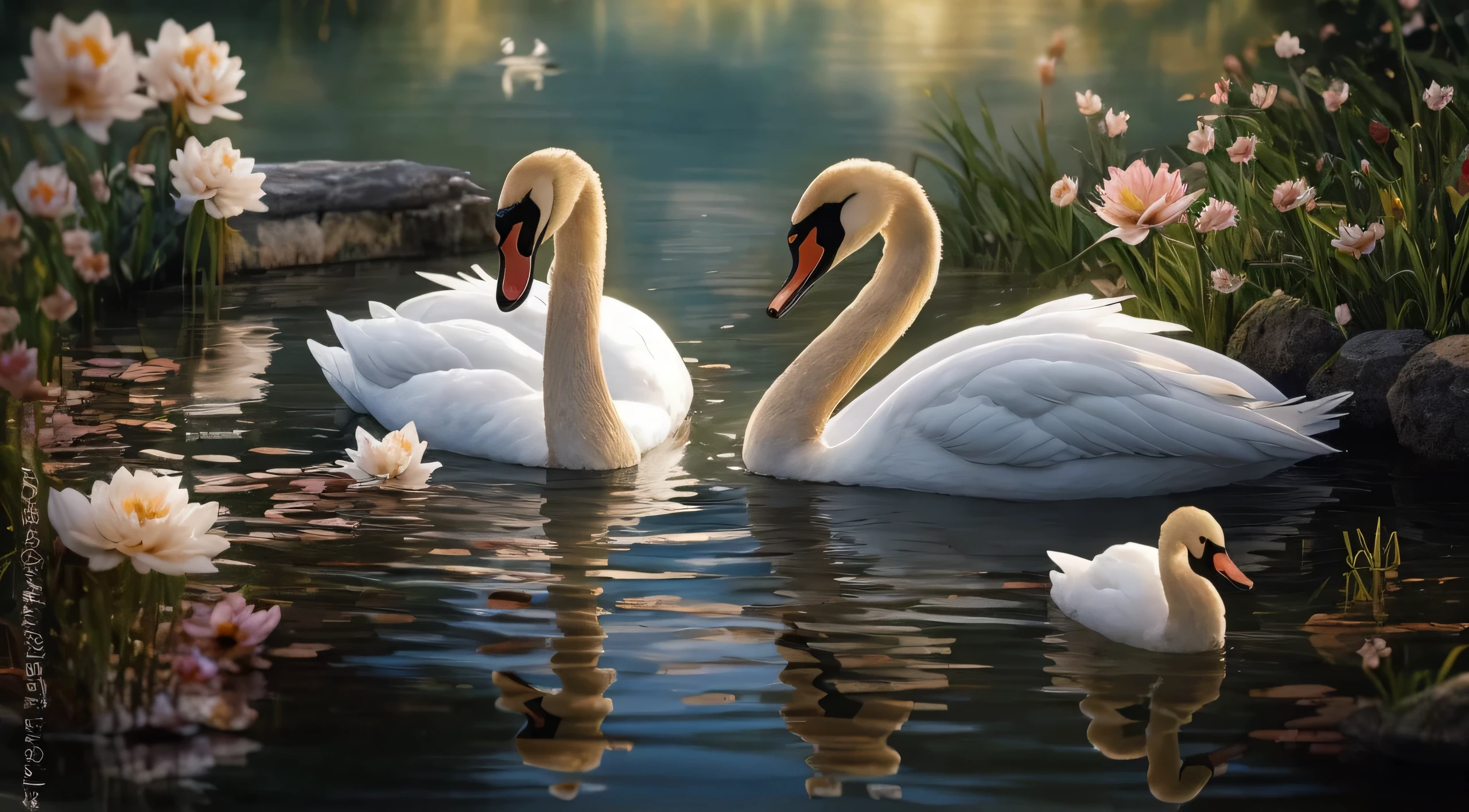 there are two swans swimming in a pond of water surrounded by flowers, two swans swimming on the lake, swan, swans, beautiful render of a fairytale, beautiful dreamy breathtaking, dreamy scene, dreamy and romantic, elegant scene, beautiful digital artwork, romantic landscape, beautiful nature, majestic landscape, very magical and dreamy, very beautiful photo, photo of a beautiful, natural landscape beauty