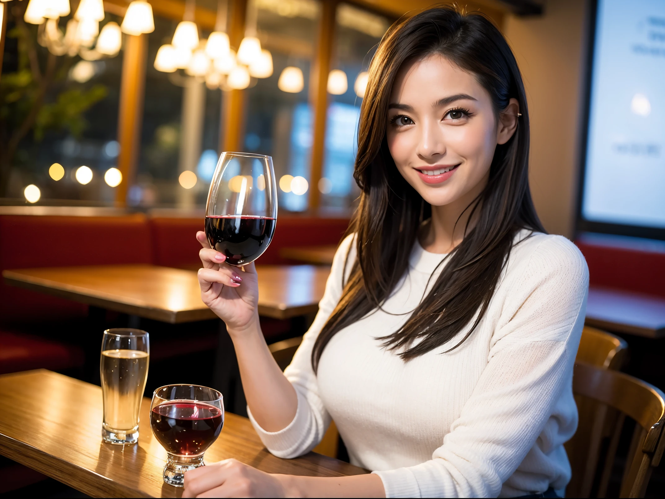 (64k uhd, nffsw, of the highest quality, masutepiece: 1.2), (Realistic, Photorealistic: 1.37), Pretty Woman 1, (Slim Face), (slimボティ), (Brown hair), (short-cut), Italian、Spaniard、Dutchman、Americana、Frenchman、cheeks blush a little, (40 years old), 38 years, Solo, A beautiful and detailed night view spreads out outside the window........, restaurant, wine glassesに座って, At night, In a prominent place (from waist up) NovaFrogStyle, actress, Model, waist-up, white wine, slim, wine glasses, Super clean night view, 真ん中に置かれたwine glasses, Happy smile, (Smile: 1.15), Beautiful fine eyes, Upper body, Bust Japan Up, Night, Short, Short, actress, Model, waist-up, white wine, slim, wine glasses, Super clean night view, 真ん中に置かれたwine glasses, Happy smile,