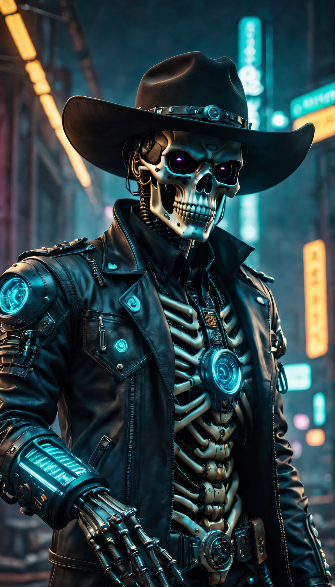 (Best quality at best,4K,8K,A high resolution,tmasterpiece:1.2),ultra - detailed,(actual,photoactual,photo-actual:1.37),cyber punk personage，cowboys，skeleton head，bull horn arm，metalictexture，Cybernetics，cowboys hat，neon light background，technologies，A futuristic，vivd colour，electric sparkocus sharp，Dystopian cityscape，Network enhancement，glowing light eyes，jaqueta de couro，High technologies Weapons，wires and cables，Retro-Future，nighttime scene，Mixed reality。