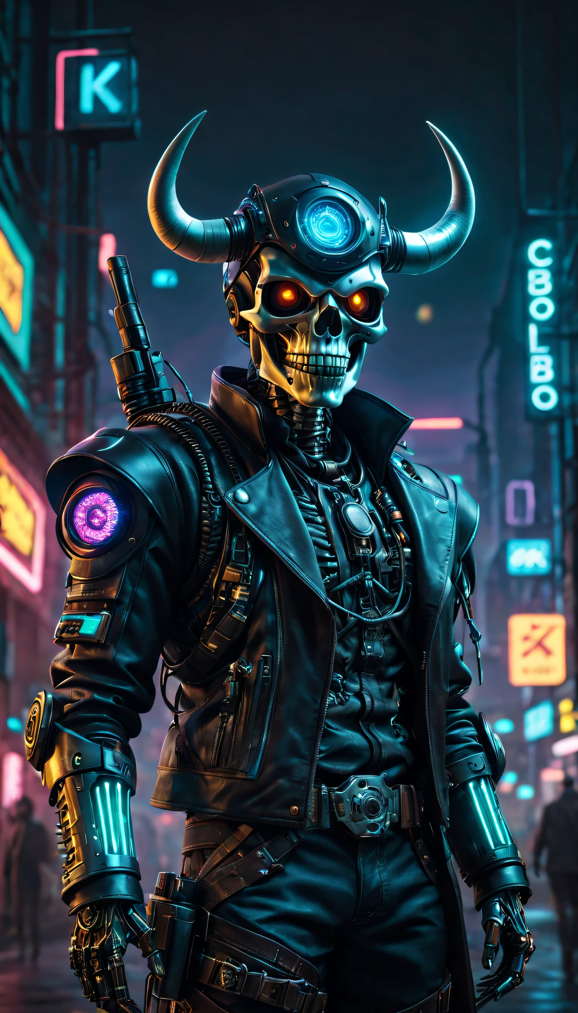 (Best quality at best,4K,8K,A high resolution,tmasterpiece:1.2),ultra - detailed,(actual,photoactual,photo-actual:1.37),cyber punk personage,cowboys,skeleton head,bull horn arm,metalictexture,Cybernetics,cowboys hat,neon light background,technologies,A futuristic,vivd colour,electric sparkocus sharp,Dystopian cityscape,Network enhancement,glowing light eyes,jaqueta de couro,High technologies Weapons,wires and cables,Retro-Future,nighttime scene,Mixed reality。