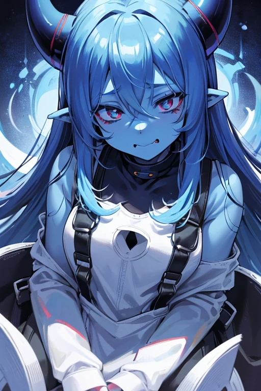 1girl, demon, big black horns, pointy ears, medium long hair, white hair, messy hair, no eyes, hair over eyes, overalls, ((((blue skin))))