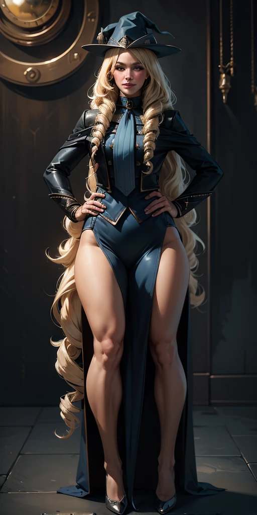 (4k, ultra high resolution, Prominence in Masterpiece, High Quality, Best Quality: 1.2) full body, 1child female, solo, 1girl, 1woman, lustful smirking smile blush, looking at viewer, sitting, blonde hair, long hair, (black jacket), beautiful and detailed face, detailed eyes, looking at the viewer, (grey theme), close jacket, (aesthetic clothings) hands on hips, wide hips, blonde long hair, blonde drill hair, blonde twin drills hair, blue wizard hat, Handcuffs on their hands, With a collar around the neck