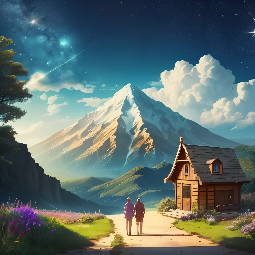 On the left side of the picture, there is a small house, representing family and kinship. Family is where we grow up and our strongest backing. Family support and care are indispensable in the pursuit of life value.  On the right side of the picture, there is a big tree, representing friendship and social relationships. Friendship is a precious treasure in our lives. Growing up, sharing, and supporting each other with like-minded friends is one of the important ways to achieve life value.  On the top of the picture, there is a shining star, representing dreams and goals. Everyone has their own dreams and pursuits. Only by setting clear goals and striving for them can we realize our life value.  Finally, in the center of the picture, there is a winding path leading to the mountain. This path represents the journey and challenges of life. On the road to the pursuit of life value, we will encounter many difficulties and challenges, but as long as we have firm beliefs and move forward bravely, we will eventually reach our destination. --auto --s2