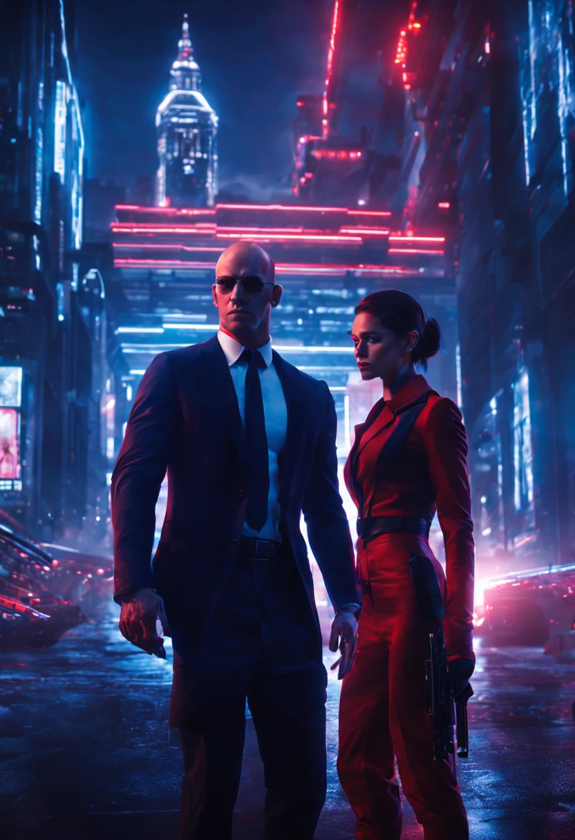 Hitman and hitwoman, agents on thrilling mission, matrix background blur neon glow lighting effects realistic night vision huge architecture red and blue light combination, detailed skin and face, 8K UHD graphics, ray tracing Nvidia RTX 4090