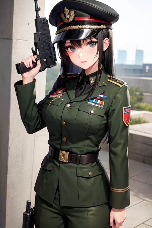 Military Uniform, Black Hair, Breast, Military Cap, Gun