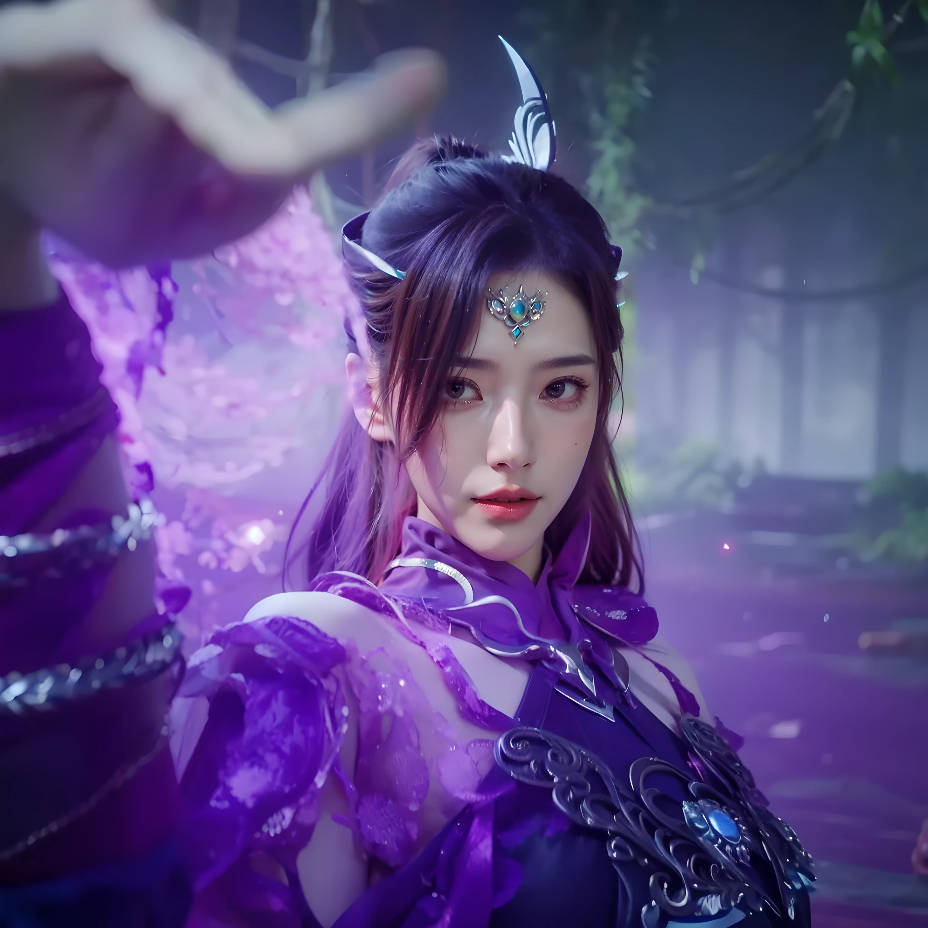 a close up of a woman in a purple dress holding a purple ball, xianxia fantasy, xianxia, xianxia hero, shadowbringers cinematic, heise jinyao, li zixin, yun ling, game cg, heise-lian yan fang, ruan jia and artgerm, queen of the sea mu yanling