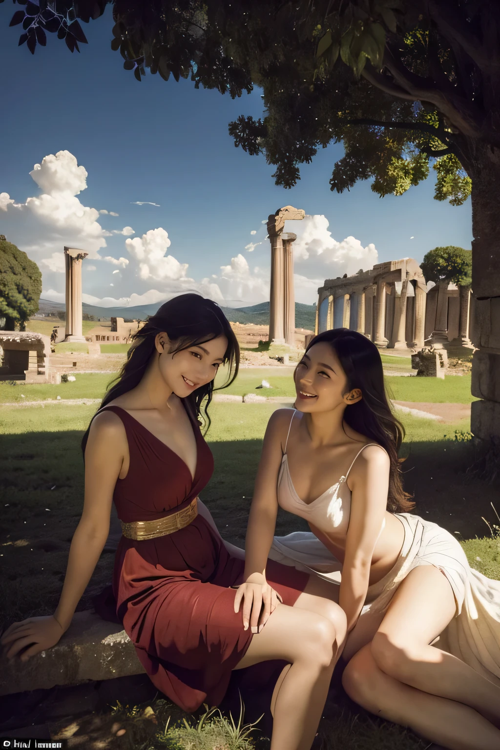 Ancient Roman ruins,Poussin-style landscape,A smile,,Sweet and seductive appearance.、Caravaggio's paintings、Chiaroscuro of Caravaggio、Hair disheveled in the wind,Two women frolicking,Cute smile, Expression of ecstasy,A sexy,erotick