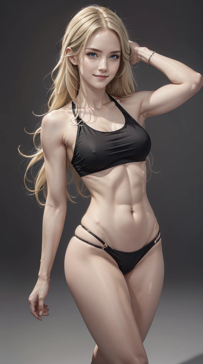 26 year old white woman、Hair is blonde、Eye color is blue、Longhaire、Slender but well-proportioned muscular body、My abs are cracked、I can see the belly button、wearing a black crop top、a smile、studio shoot